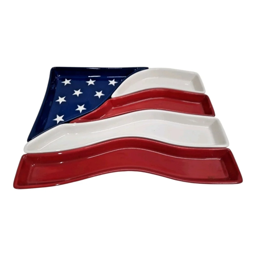 Home Interiors American Flag Ceramic Serving Platter Set - Patriotic